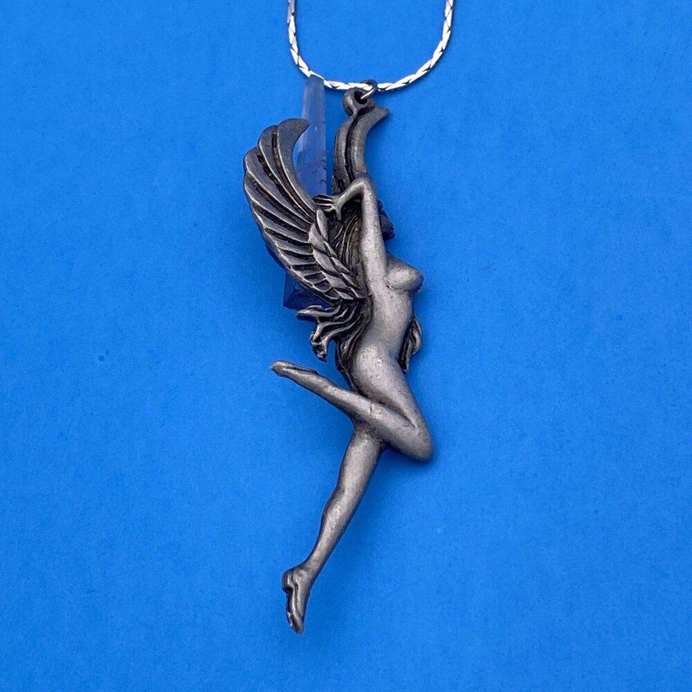 Authentic Vintage Pewter Fairy Necklace With Amethyst Crystal! 1991